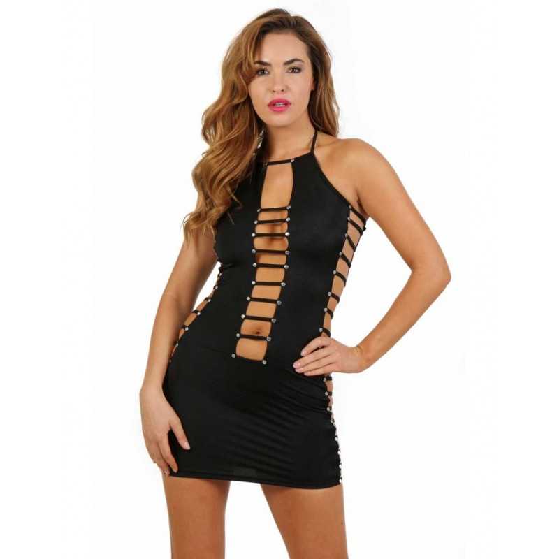 Robe Ajourée Avec Rivets Métal Argenté Vêtement tendance Sexy Femme Club Blanc ou Noir