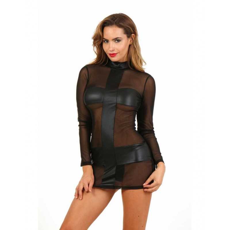 Robe Micro Résille Noir Manche Longue et Wetlook Vêtement Sexy mode Femme Club