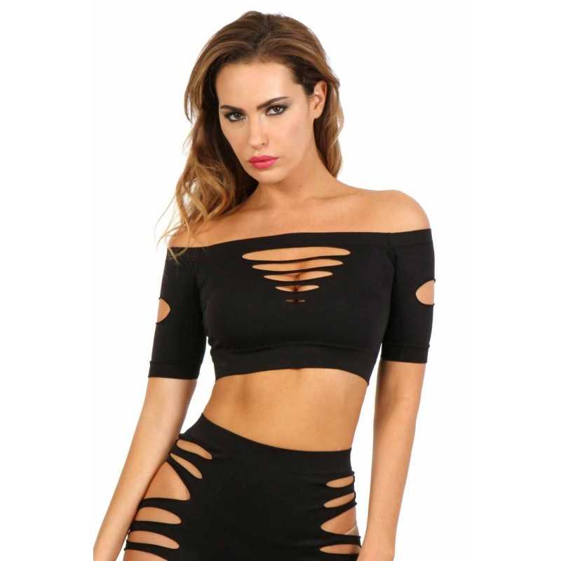Top Court Moulant Ajouré Vêtement Sexy Femme Club mode 4 Couleurs S/M/L