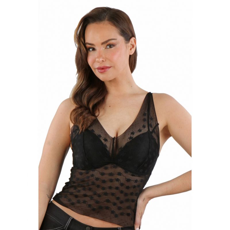 Top Micro à prix réduit Résille Noire Fin Motifs Vêtement Sexy Femme Club Noir ou Blanc TU