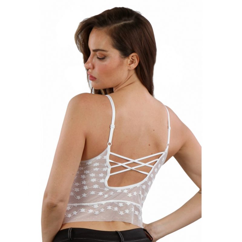 Top Micro Résille Motifs Dos Liens Croisé Vêtement Sexy le moins cher Femme Club Noir ou Blanc