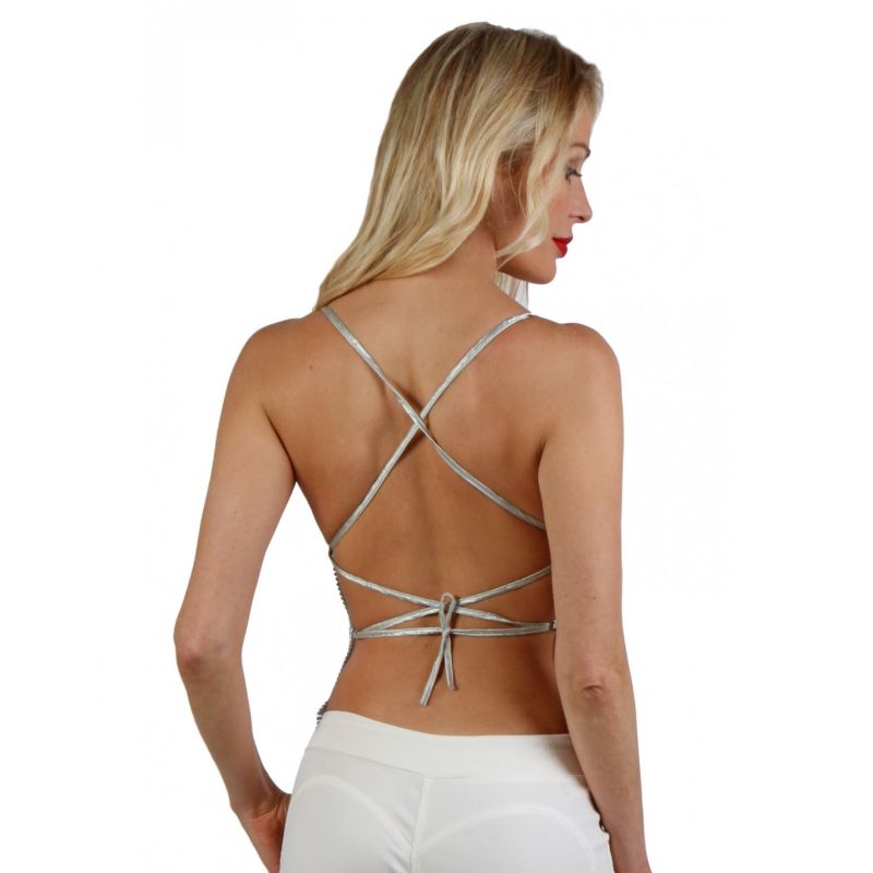 Top Métallisé Dos Nu usine Lacé Vêtement Sexy Femme Club Or ou Argent TU